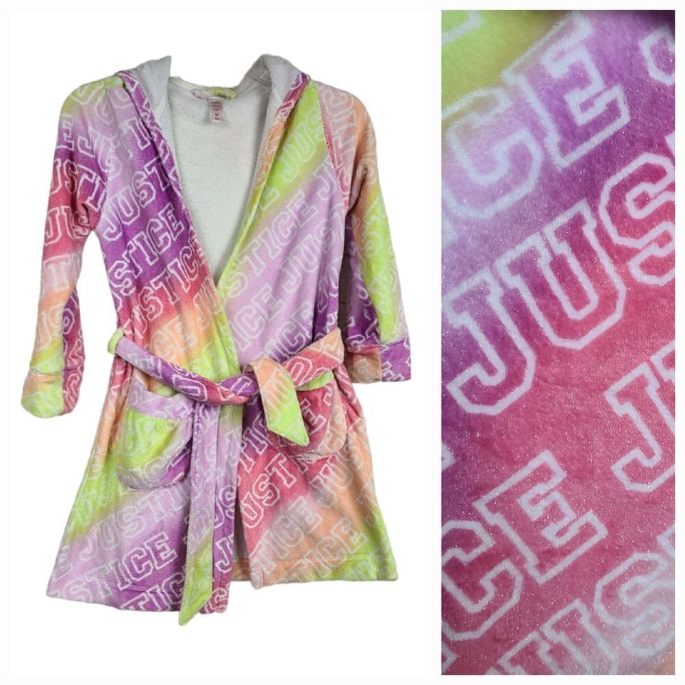 Justice Girls 10 Plush Faux Fur Hooded Robe Sparkle Rainbow Fleece Soft Bathrobe